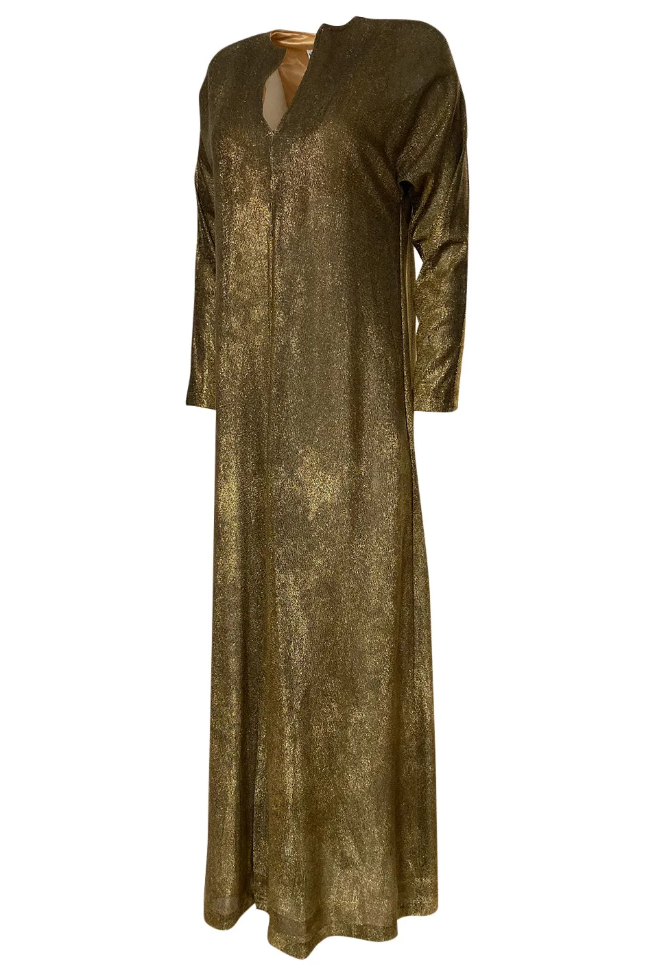 1970s Halston Deep Copper Gold Metallic Lame Lurex Caftan Dress