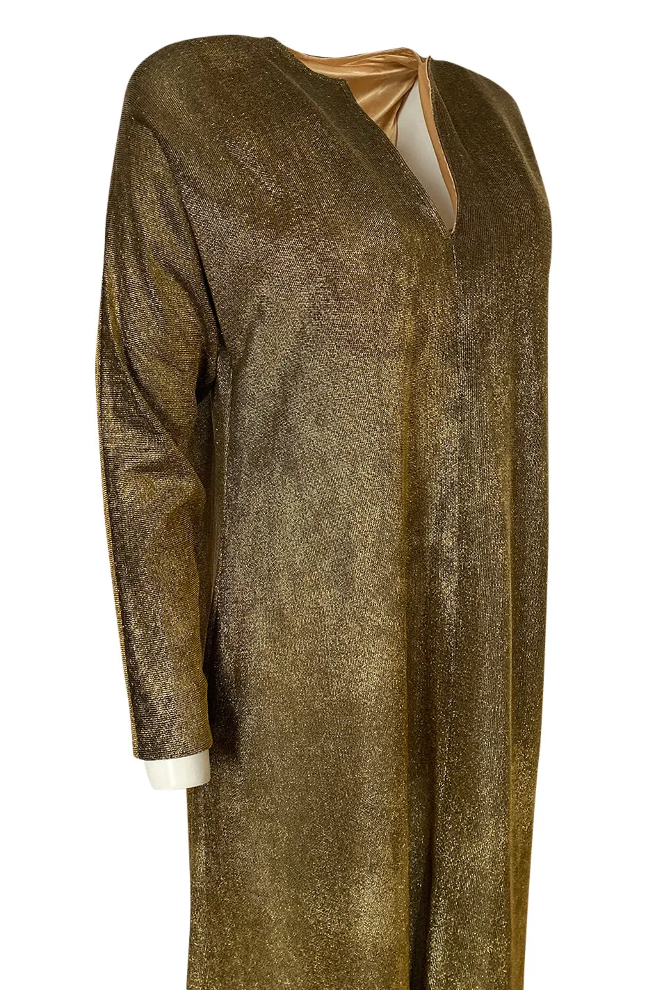 1970s Halston Deep Copper Gold Metallic Lame Lurex Caftan Dress