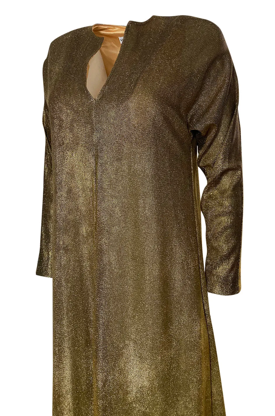 1970s Halston Deep Copper Gold Metallic Lame Lurex Caftan Dress