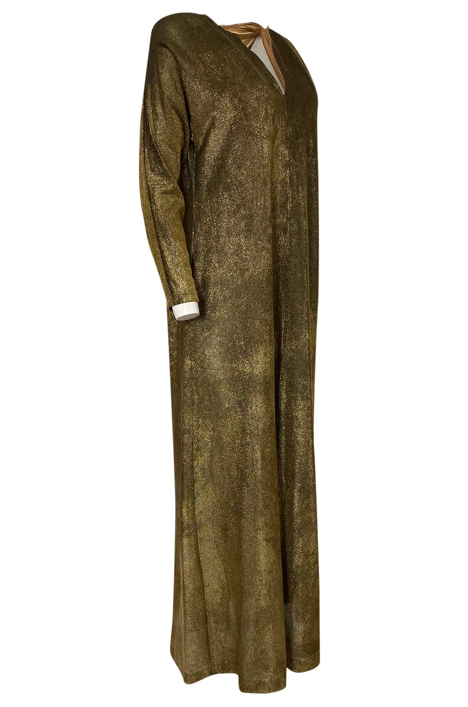 1970s Halston Deep Copper Gold Metallic Lame Lurex Caftan Dress