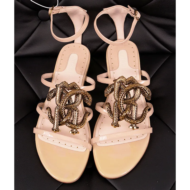 38 NEW $835 ROBERTO CAVALLI Nude Patent Leather GOLD RC SNAKE LOGO Flat SANDALS