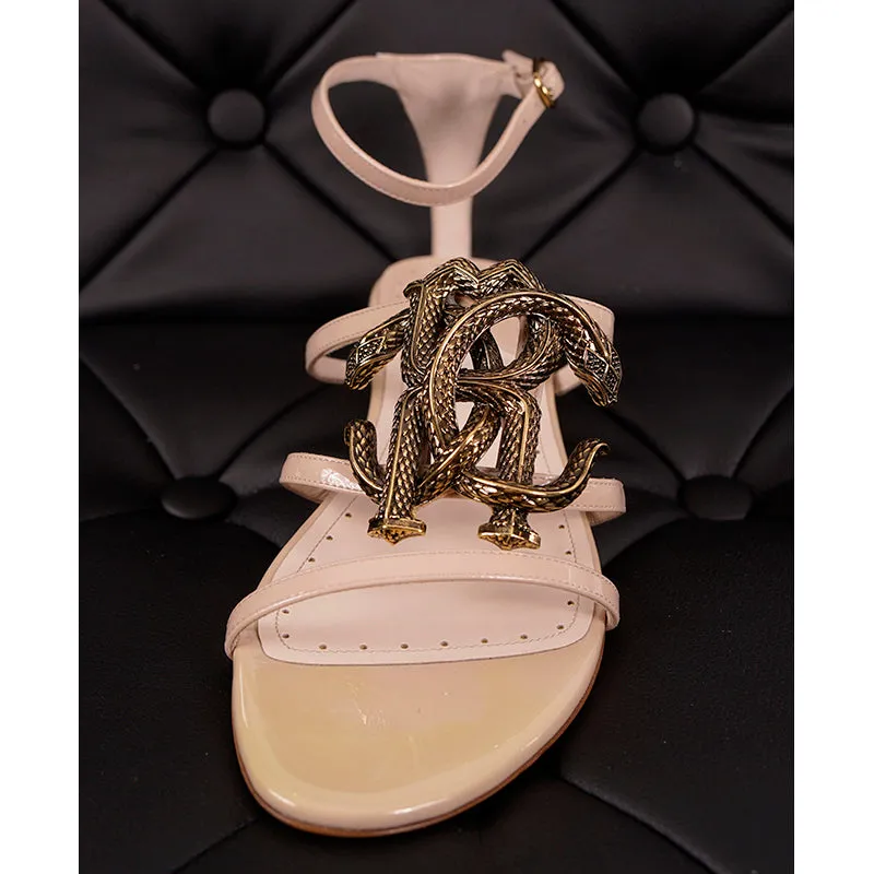 38 NEW $835 ROBERTO CAVALLI Nude Patent Leather GOLD RC SNAKE LOGO Flat SANDALS