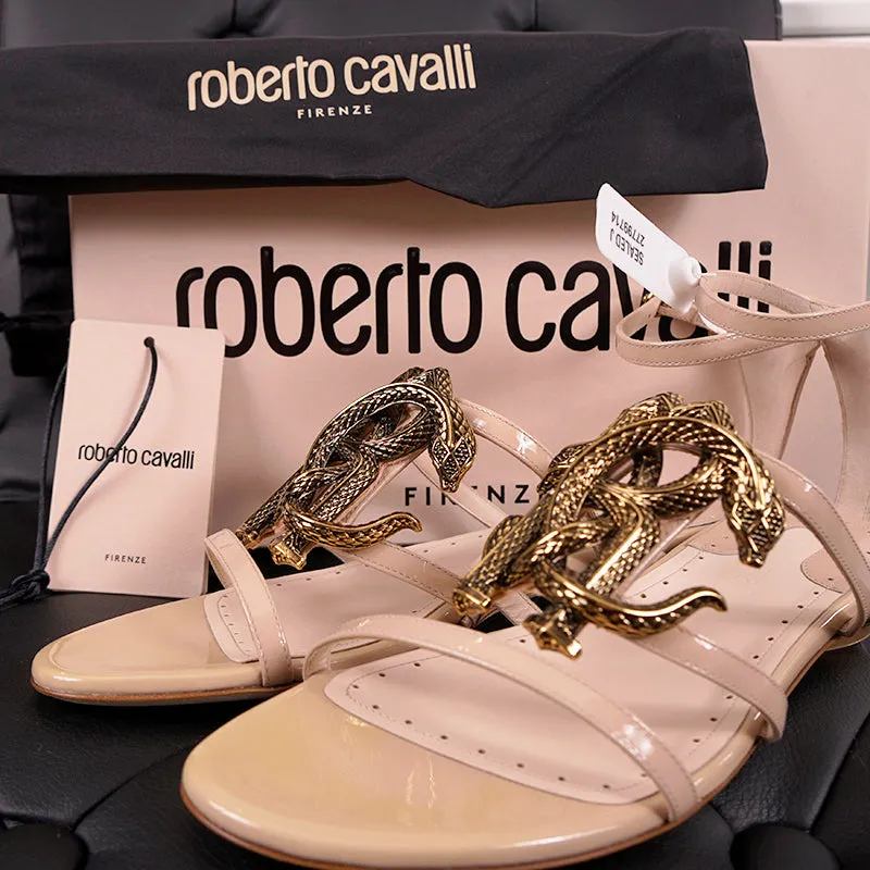 38 NEW $835 ROBERTO CAVALLI Nude Patent Leather GOLD RC SNAKE LOGO Flat SANDALS