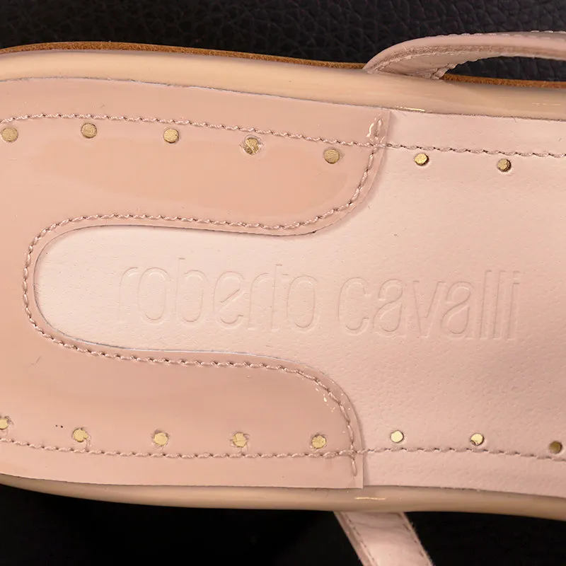 38 NEW $835 ROBERTO CAVALLI Nude Patent Leather GOLD RC SNAKE LOGO Flat SANDALS