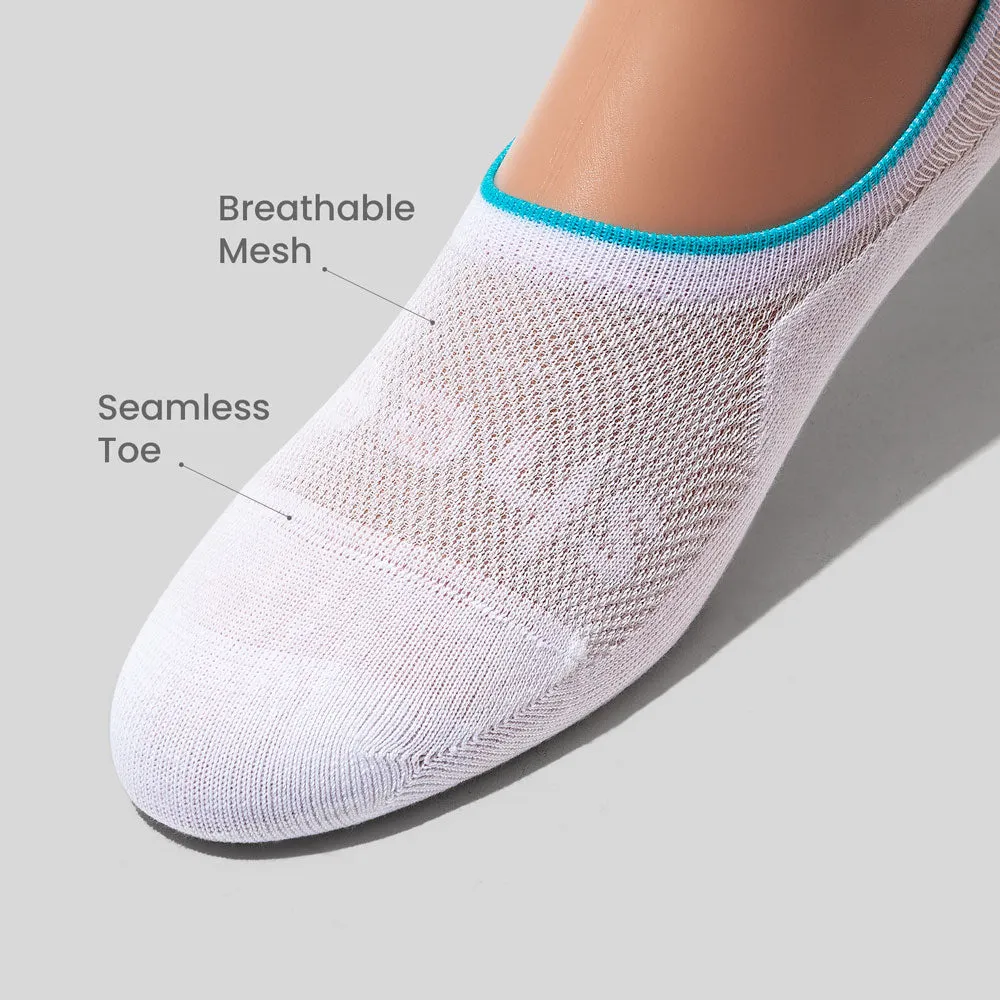 Active Mid-cut Bamboo Mesh No Show Socks | White w/ Teal Line