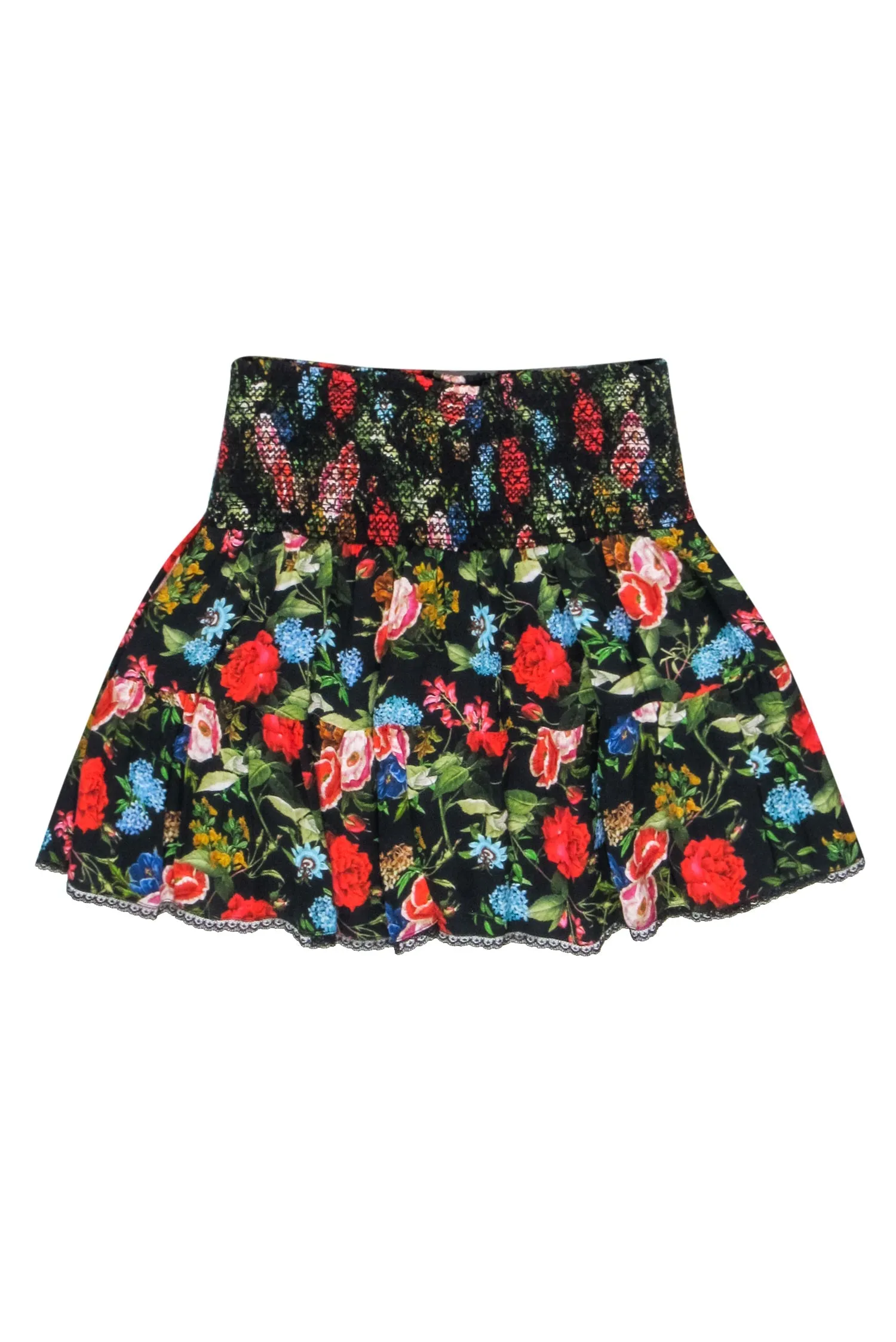 Alice & Olivia - Black Mutlicolor Floral Print "Buffy Smocked Miniskirt" Sz M