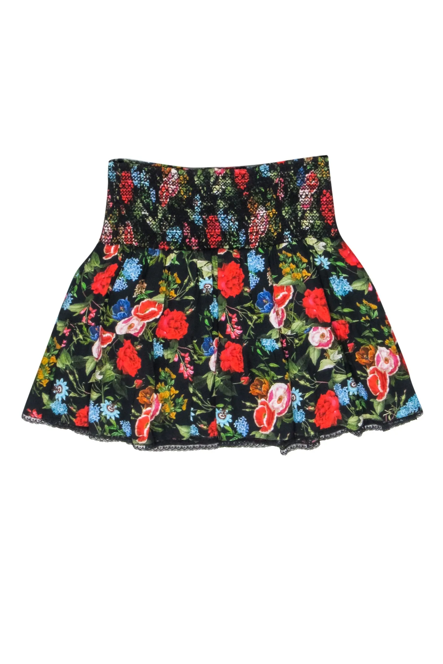 Alice & Olivia - Black Mutlicolor Floral Print "Buffy Smocked Miniskirt" Sz M