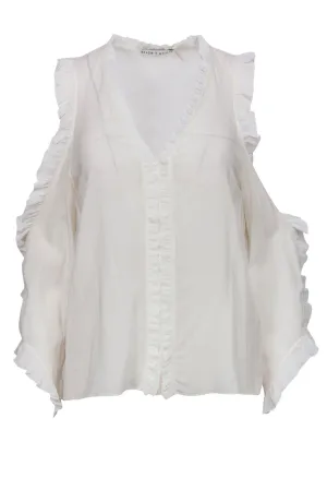 Alice & Olivia - White Ruffle Cold Shoulder Long Sleeve Button-Up Silk Blouse Sz M