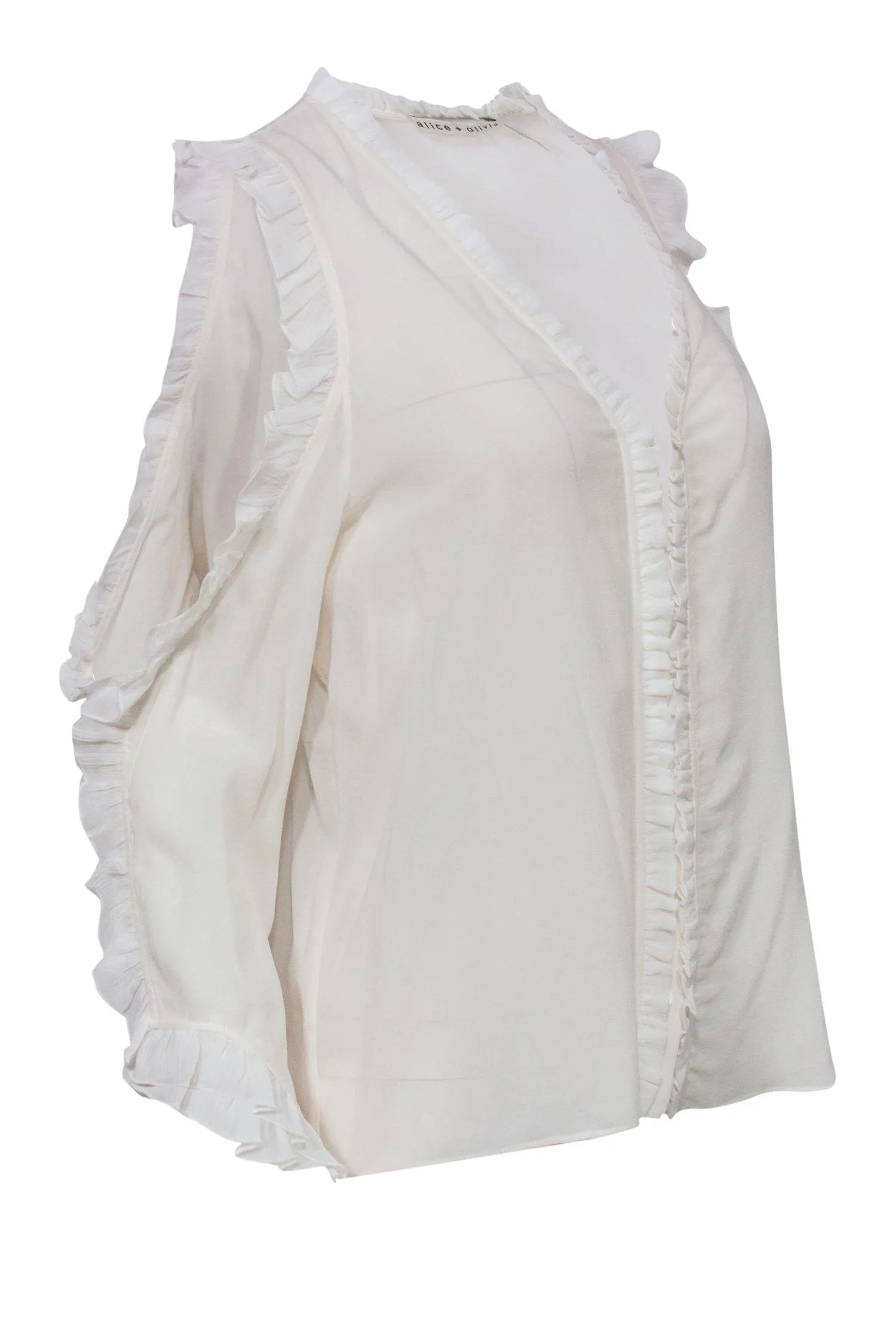 Alice & Olivia - White Ruffle Cold Shoulder Long Sleeve Button-Up Silk Blouse Sz M