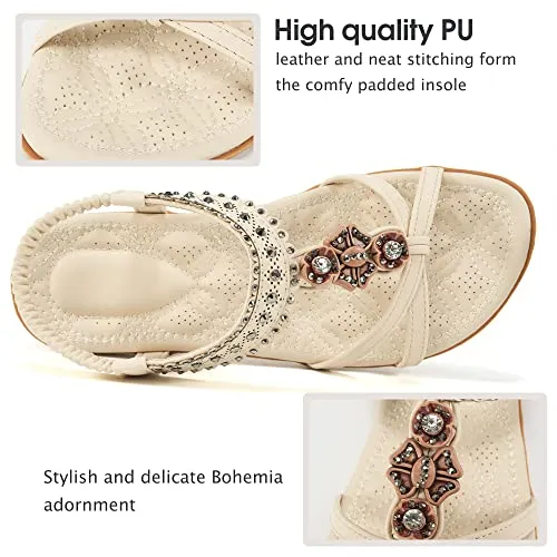 Alicegana Womens Sandals Shoes Comfort Walking with Non Slip on Casual Summer Beach Shoes Dress Ankle Elastic Jeweled Bohemian Flats