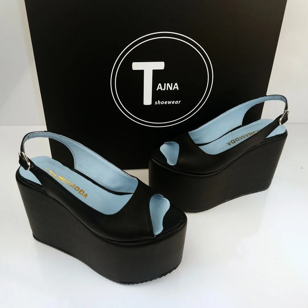 Black Peep Toe Wedge Platform Sandals