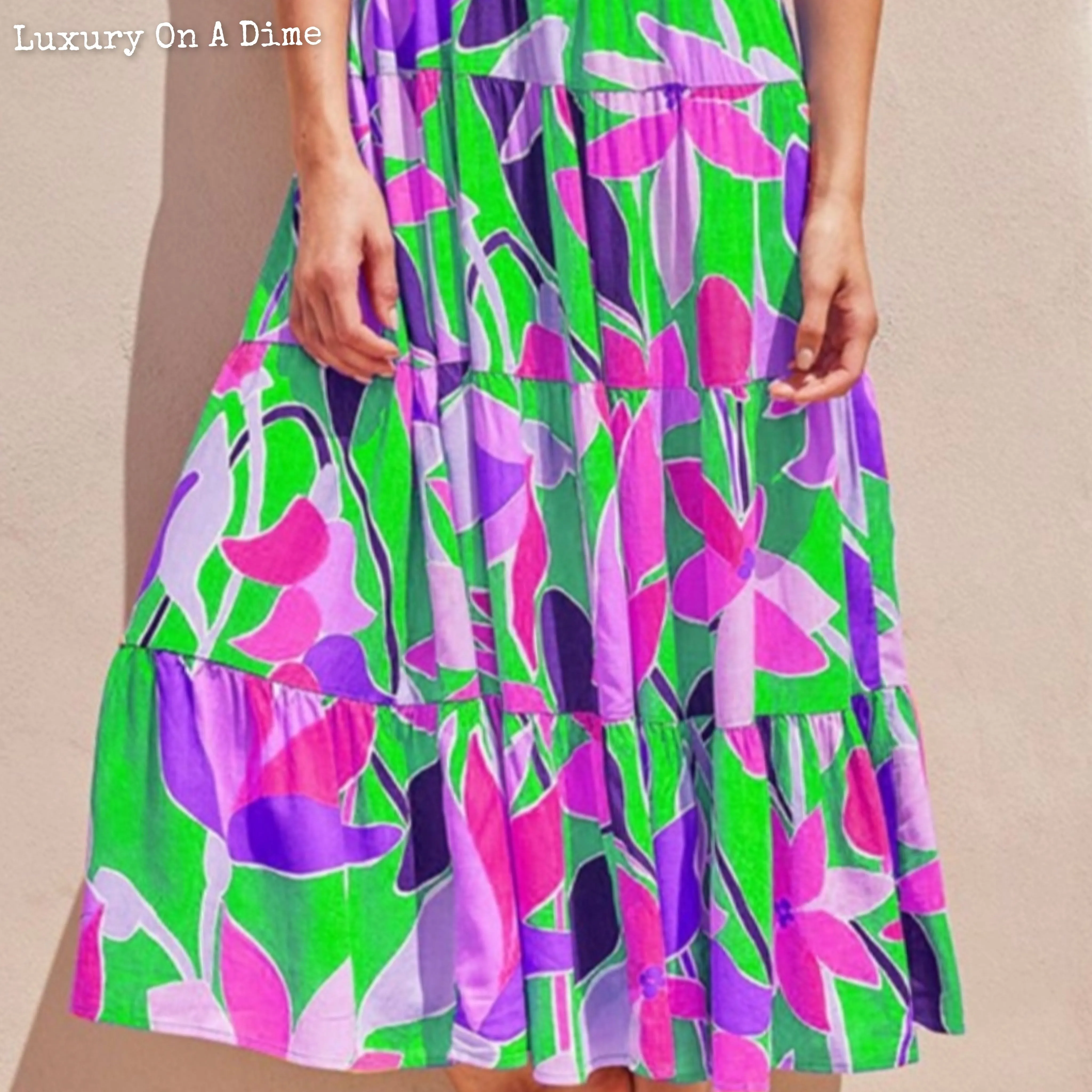 Bright Neon Floral Abstract Tie Shoulder Smocked Bodice Tiered Maxi Summer Dress