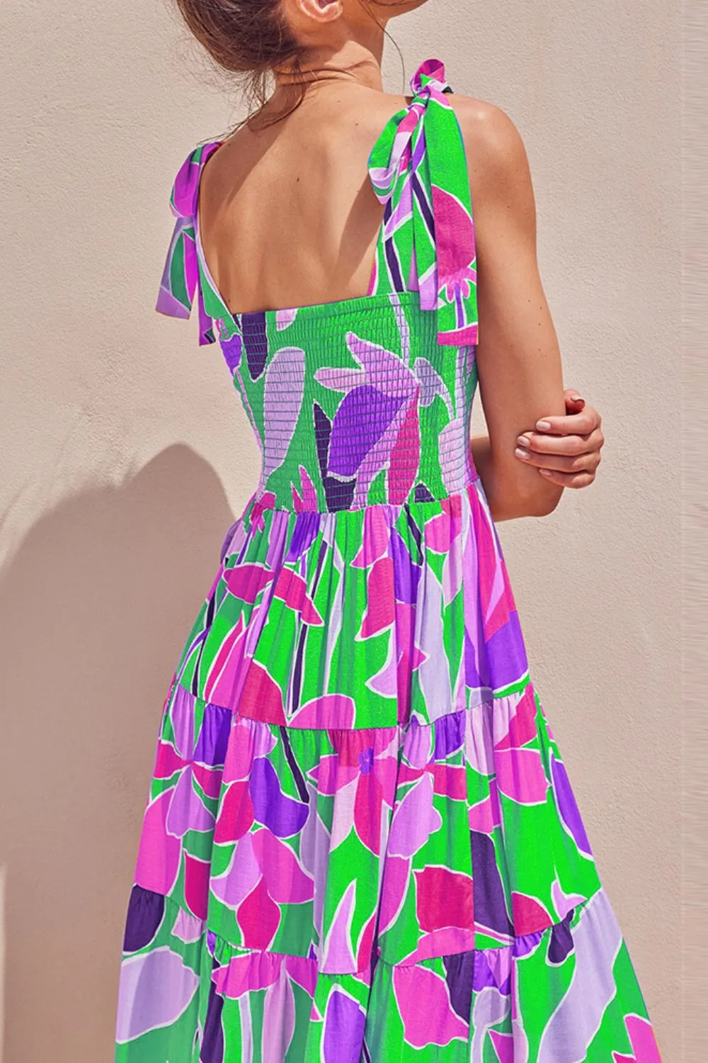 Bright Neon Floral Abstract Tie Shoulder Smocked Bodice Tiered Maxi Summer Dress