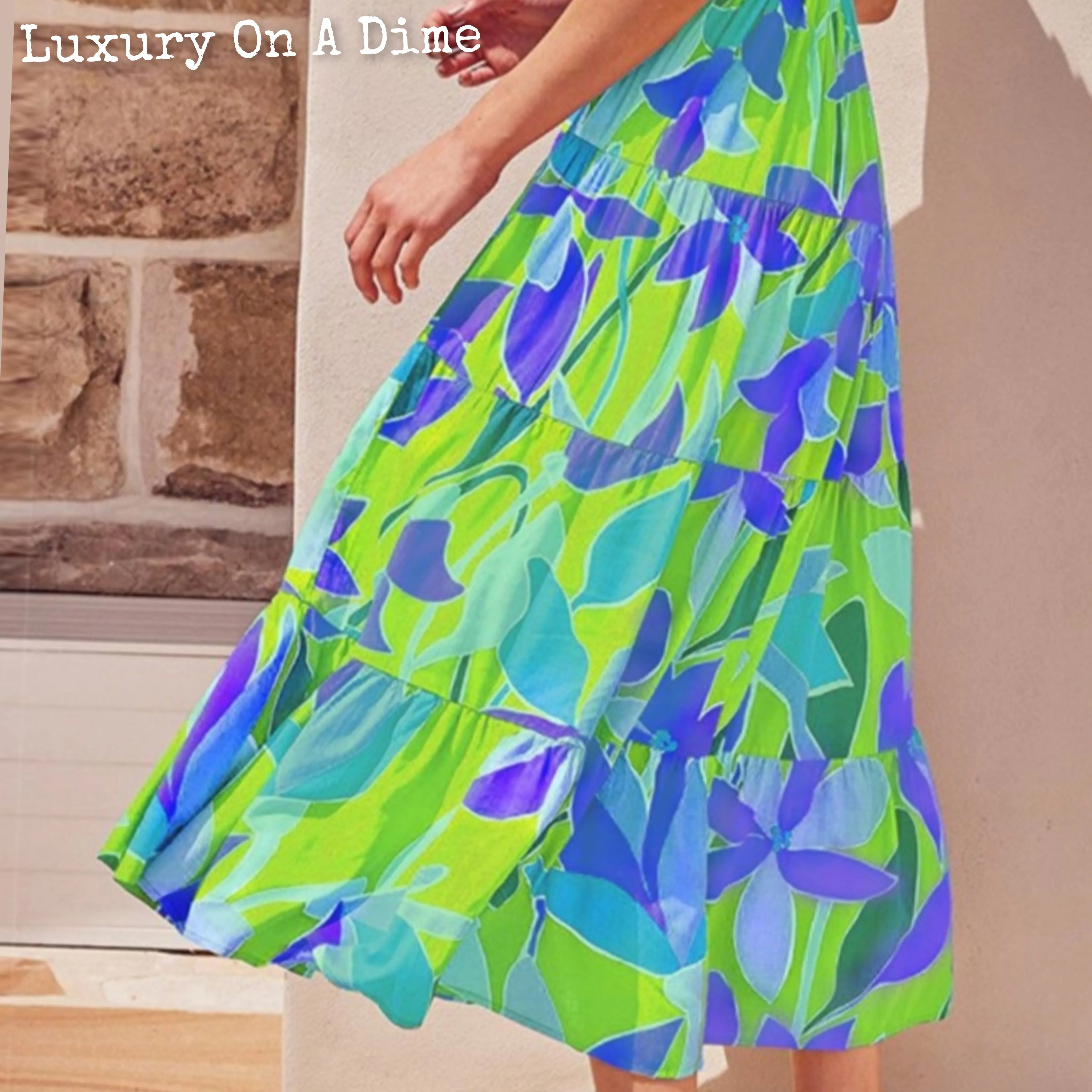 Bright Neon Floral Abstract Tie Shoulder Smocked Bodice Tiered Maxi Summer Dress