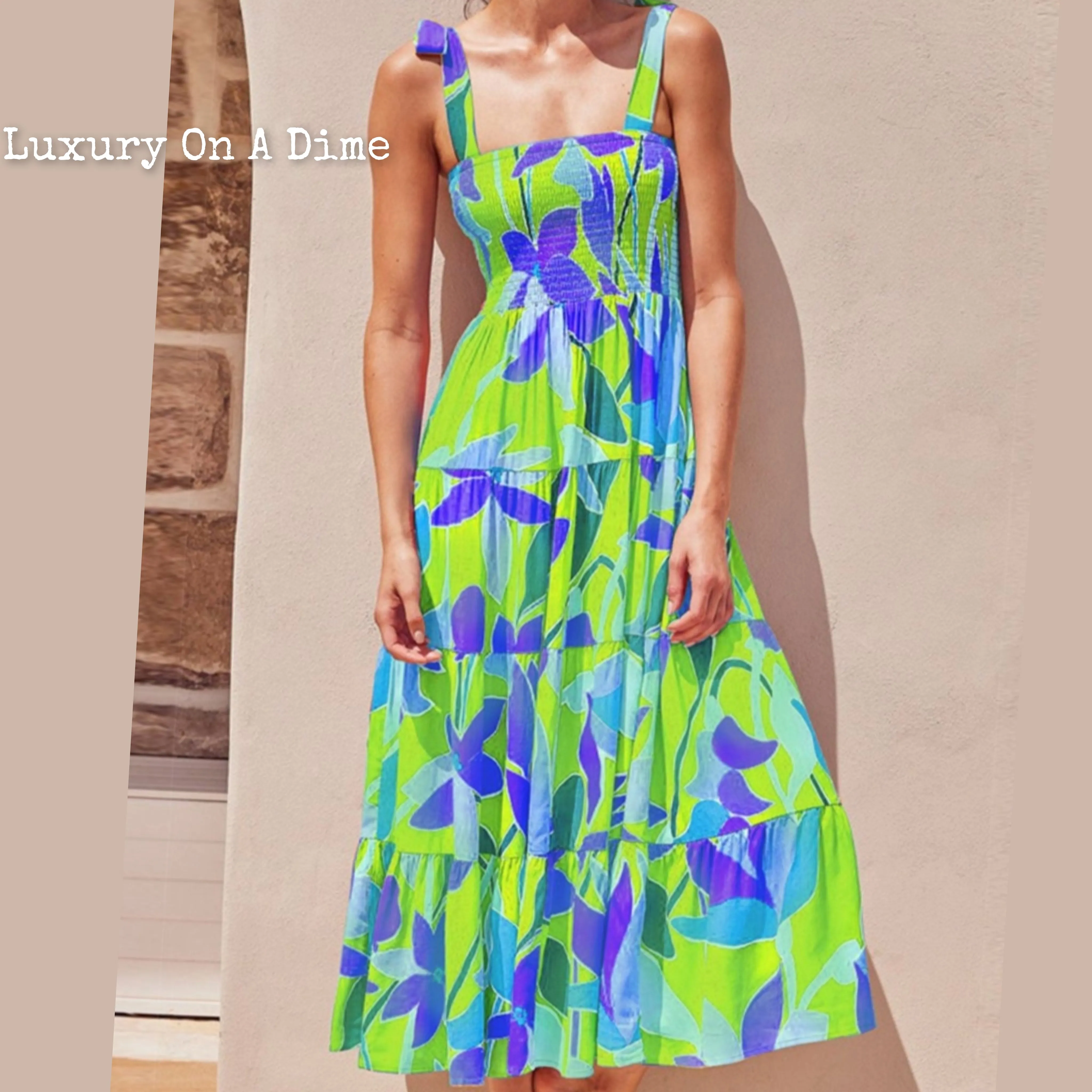 Bright Neon Floral Abstract Tie Shoulder Smocked Bodice Tiered Maxi Summer Dress