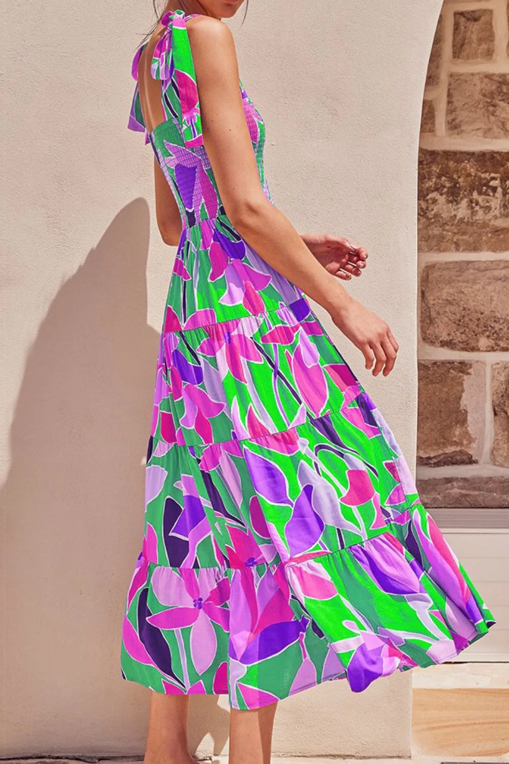 Bright Neon Floral Abstract Tie Shoulder Smocked Bodice Tiered Maxi Summer Dress