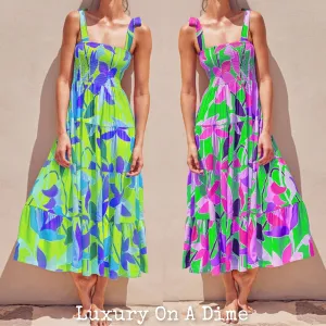 Bright Neon Floral Abstract Tie Shoulder Smocked Bodice Tiered Maxi Summer Dress