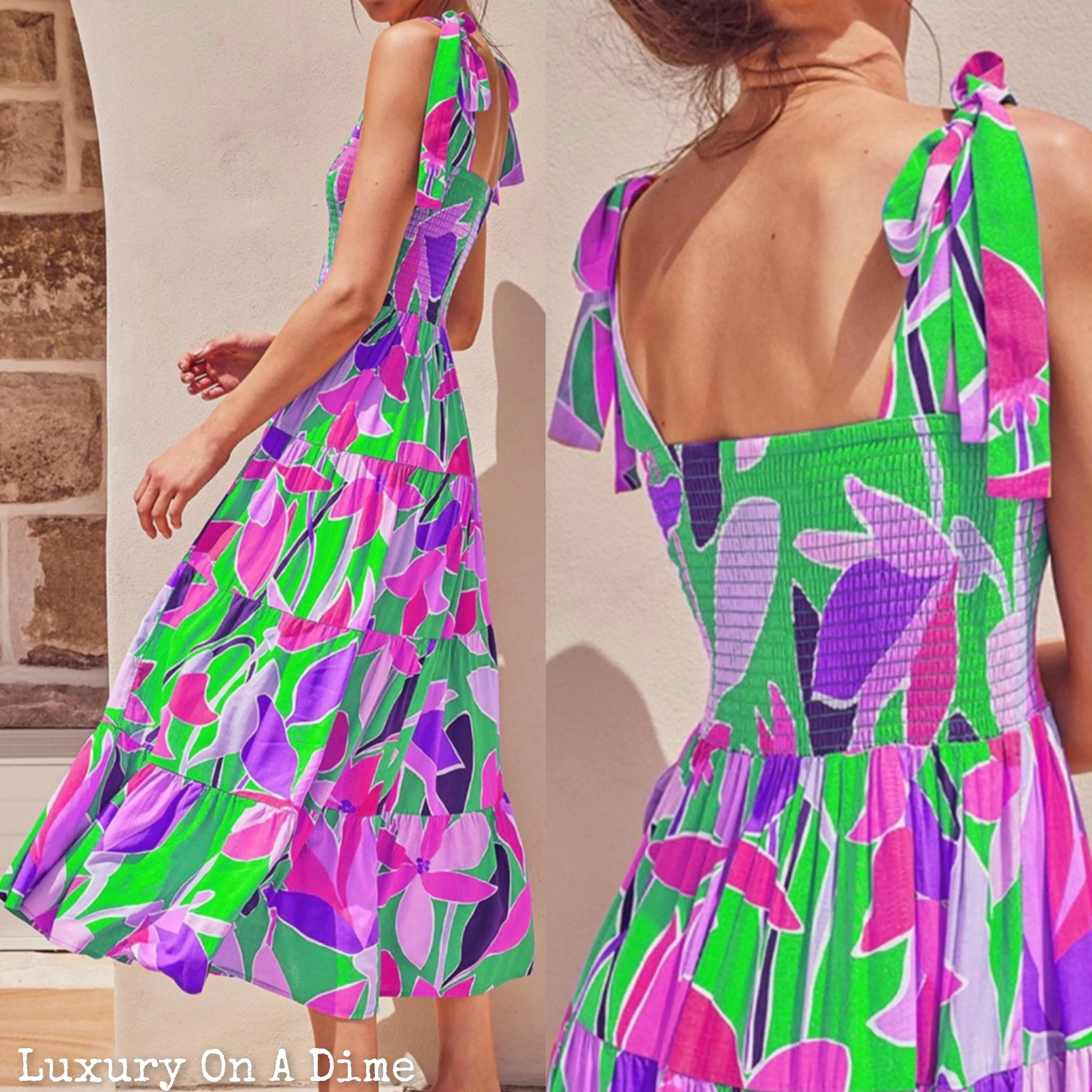 Bright Neon Floral Abstract Tie Shoulder Smocked Bodice Tiered Maxi Summer Dress