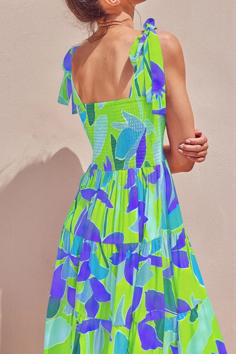 Bright Neon Floral Abstract Tie Shoulder Smocked Bodice Tiered Maxi Summer Dress