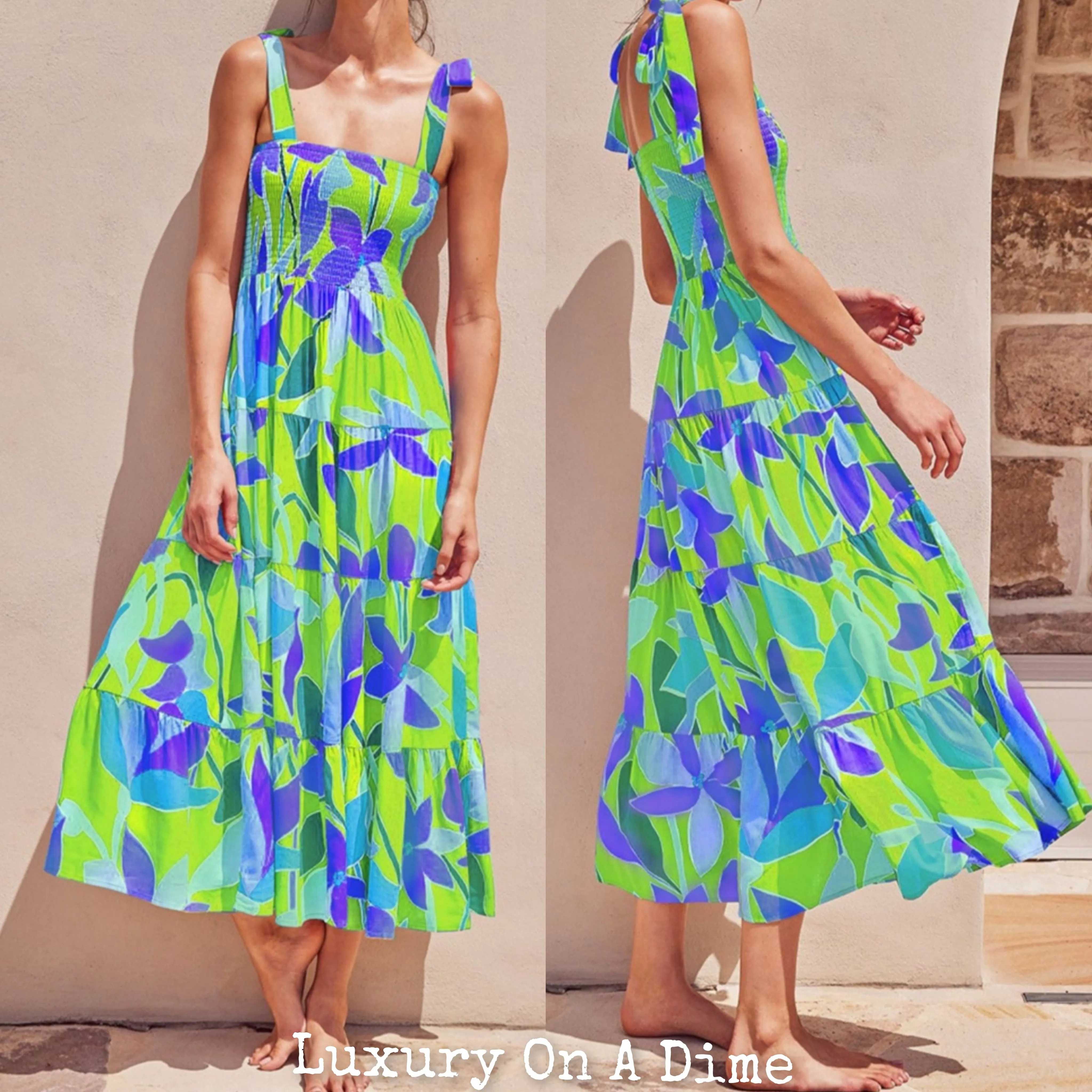 Bright Neon Floral Abstract Tie Shoulder Smocked Bodice Tiered Maxi Summer Dress