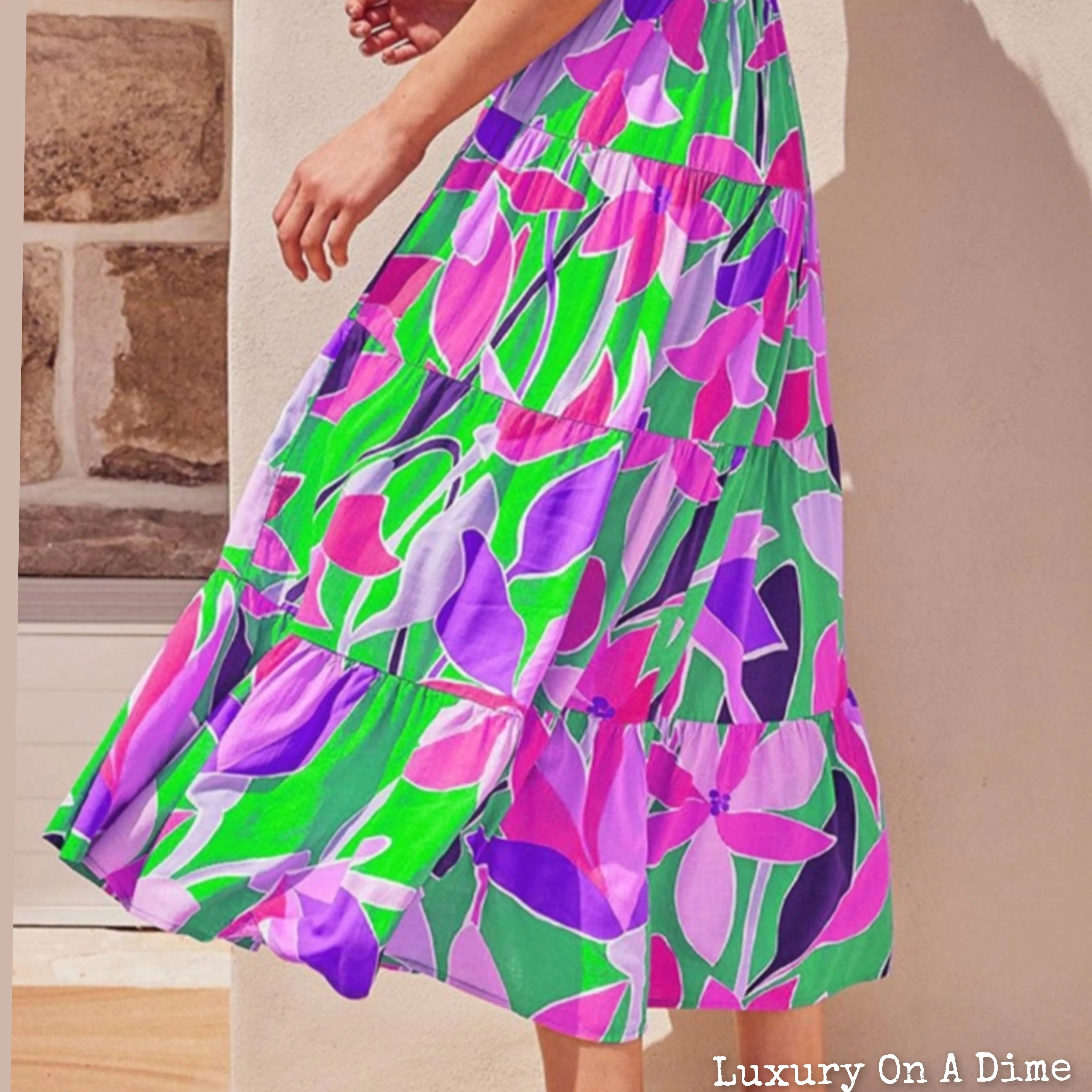 Bright Neon Floral Abstract Tie Shoulder Smocked Bodice Tiered Maxi Summer Dress