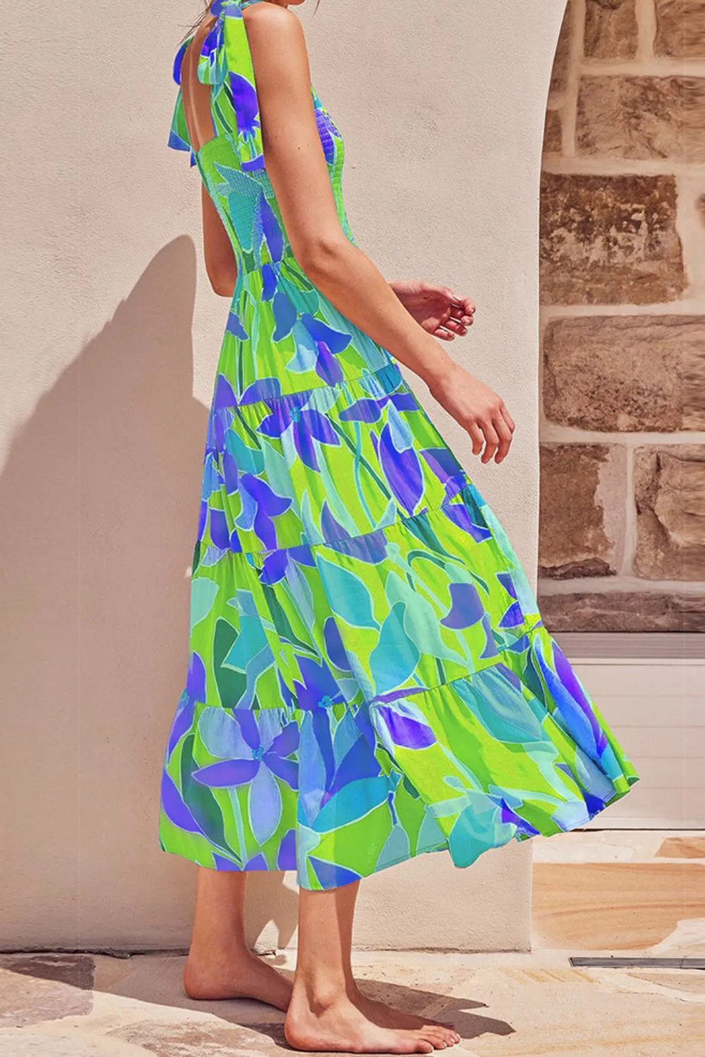 Bright Neon Floral Abstract Tie Shoulder Smocked Bodice Tiered Maxi Summer Dress