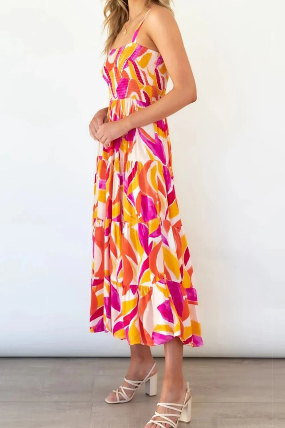 Bright Vibrant Abstract Sleeveless Smocked Bodice Summer Maxi Dress