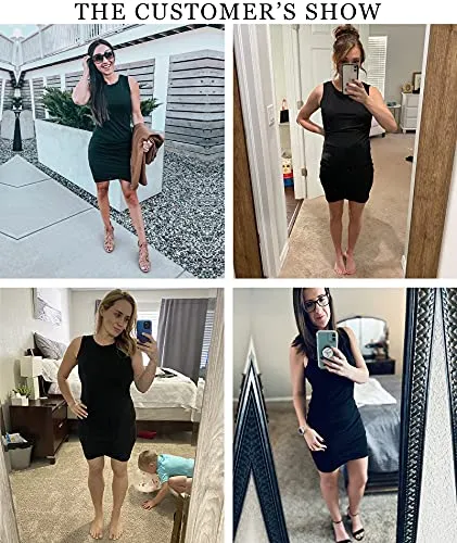 BTFBM Women Casual Dress Crew Neck Ruched Summer Sleeveless Tank Bodycon Shirt Short Mini Dresses (106Black, Medium)