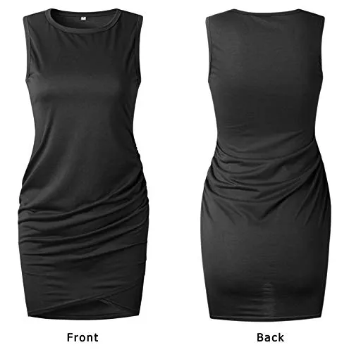 BTFBM Women Casual Dress Crew Neck Ruched Summer Sleeveless Tank Bodycon Shirt Short Mini Dresses (106Black, Medium)