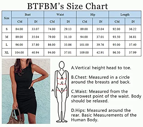 BTFBM Women Casual Dress Crew Neck Ruched Summer Sleeveless Tank Bodycon Shirt Short Mini Dresses (106Black, Medium)