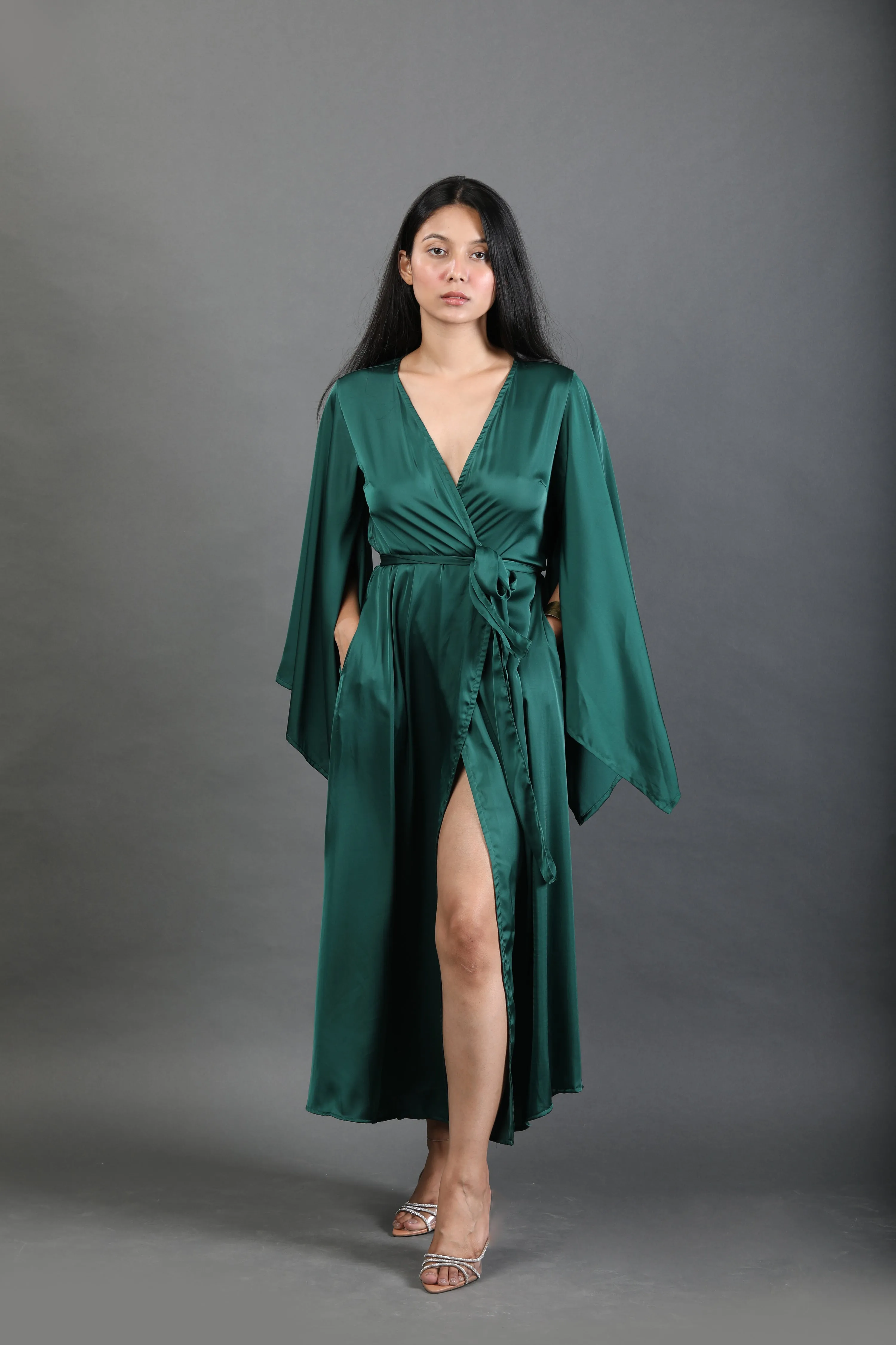 Butterfly Sleeve Wrap around Dress - Emerald Green