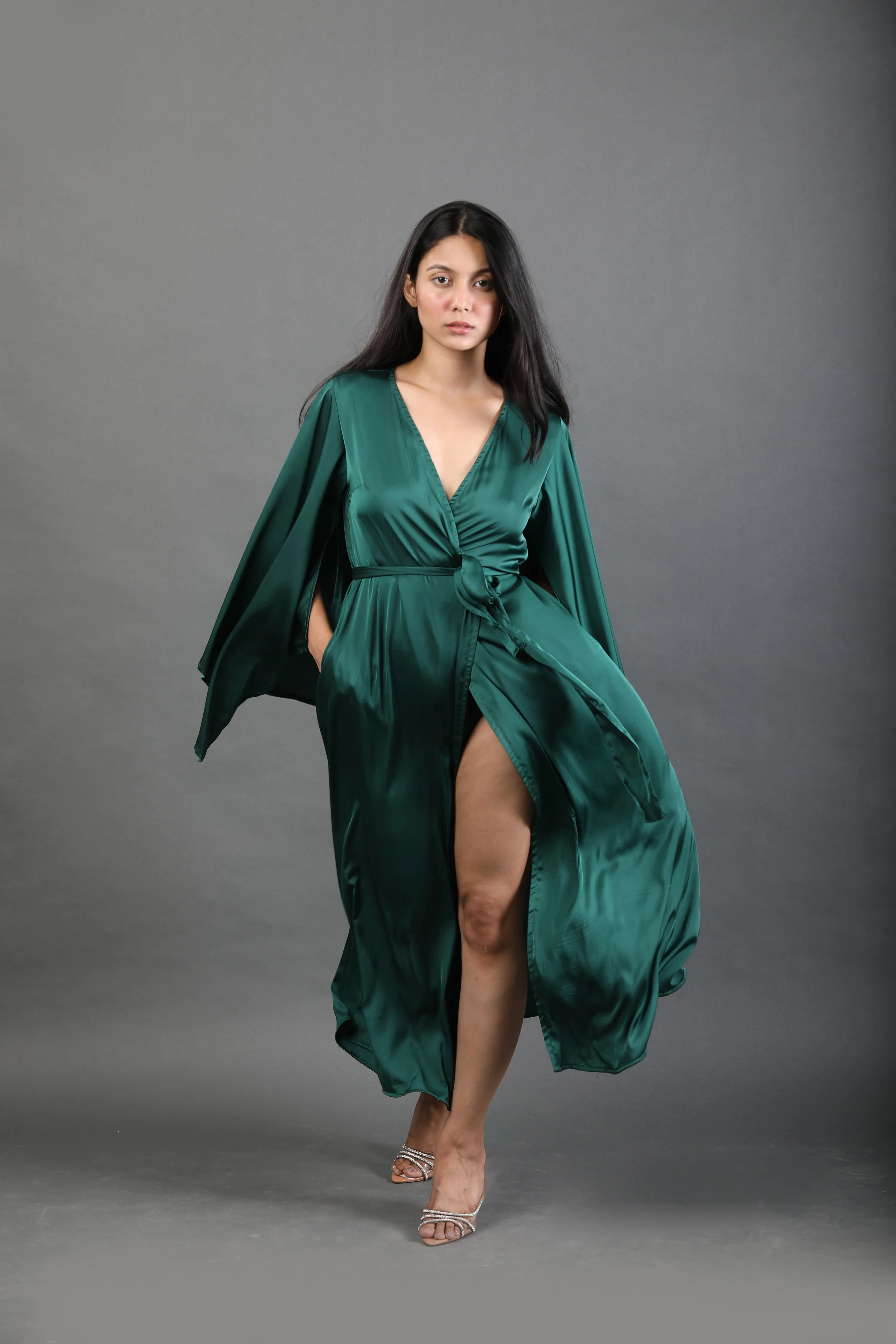 Butterfly Sleeve Wrap around Dress - Emerald Green