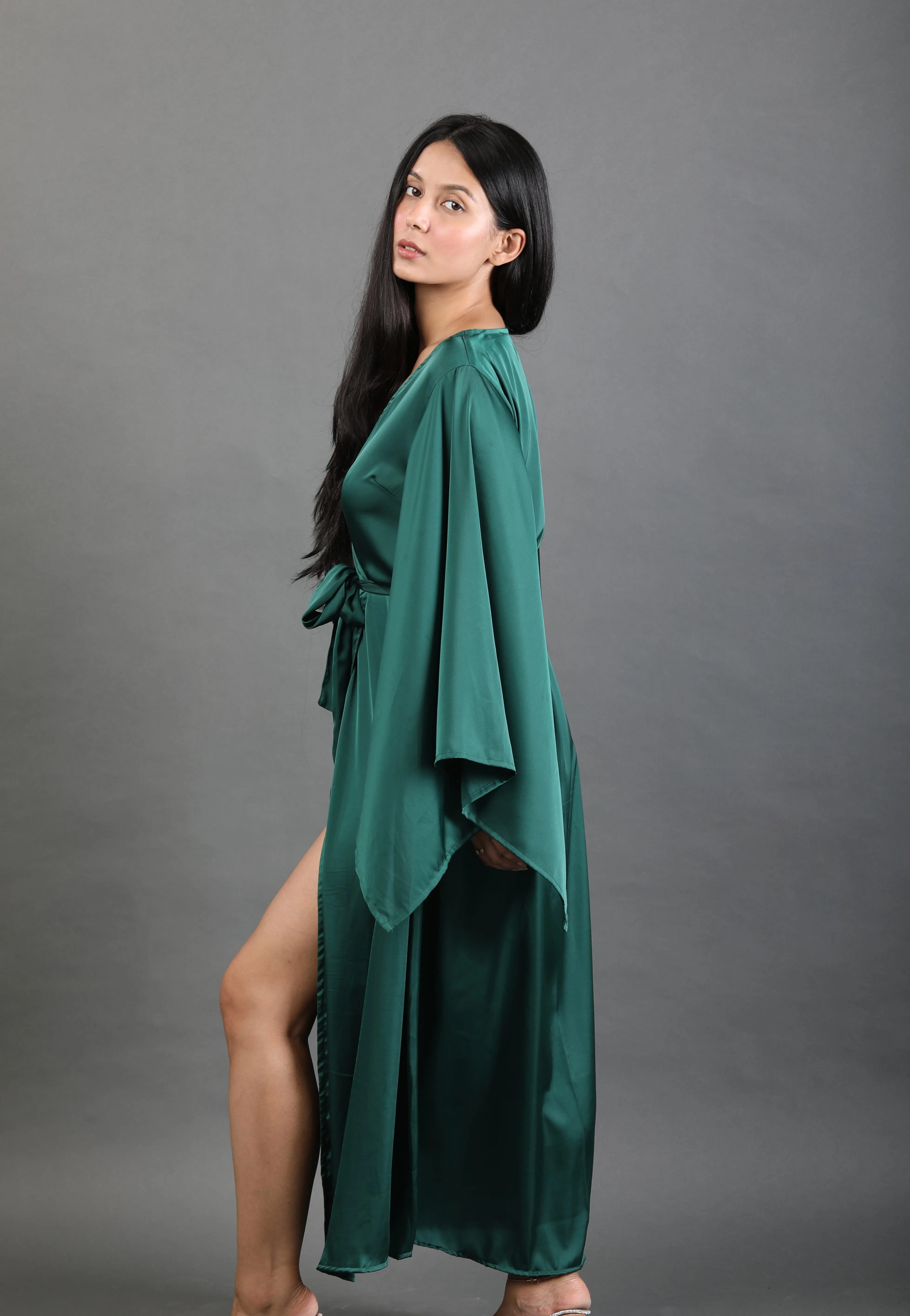 Butterfly Sleeve Wrap around Dress - Emerald Green