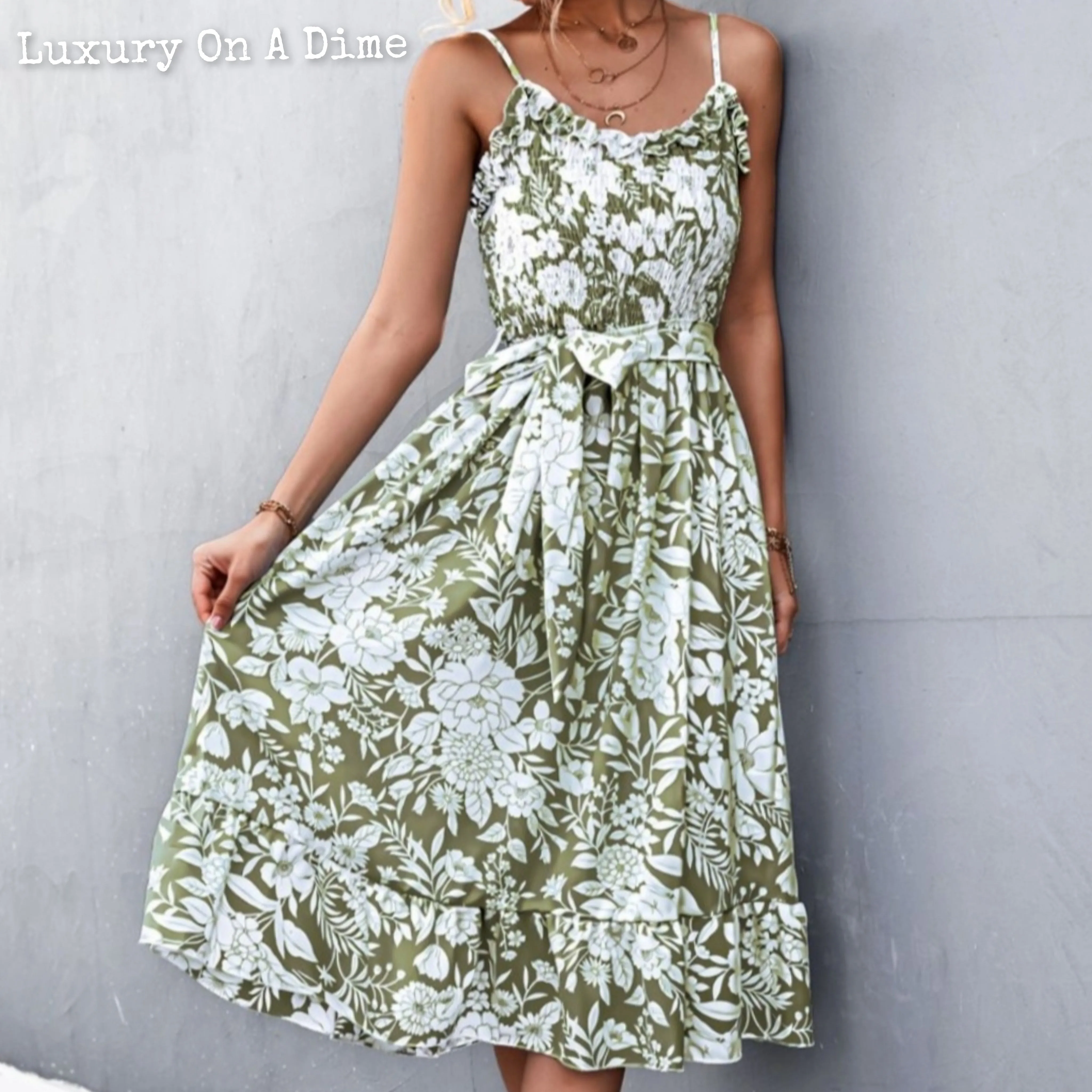 Chic Floral Ruffle Tie Belt Midi Summer Dress