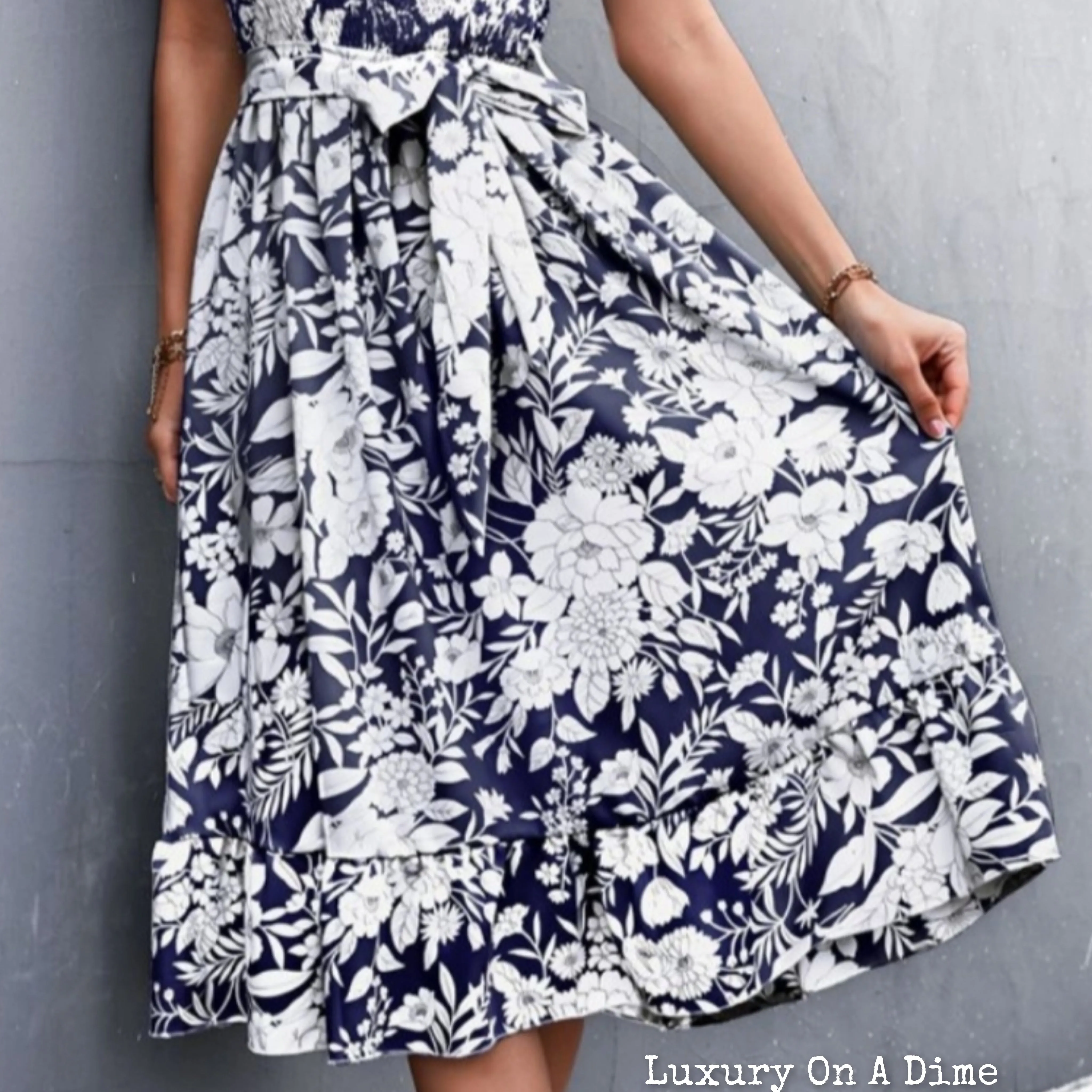 Chic Floral Ruffle Tie Belt Midi Summer Dress