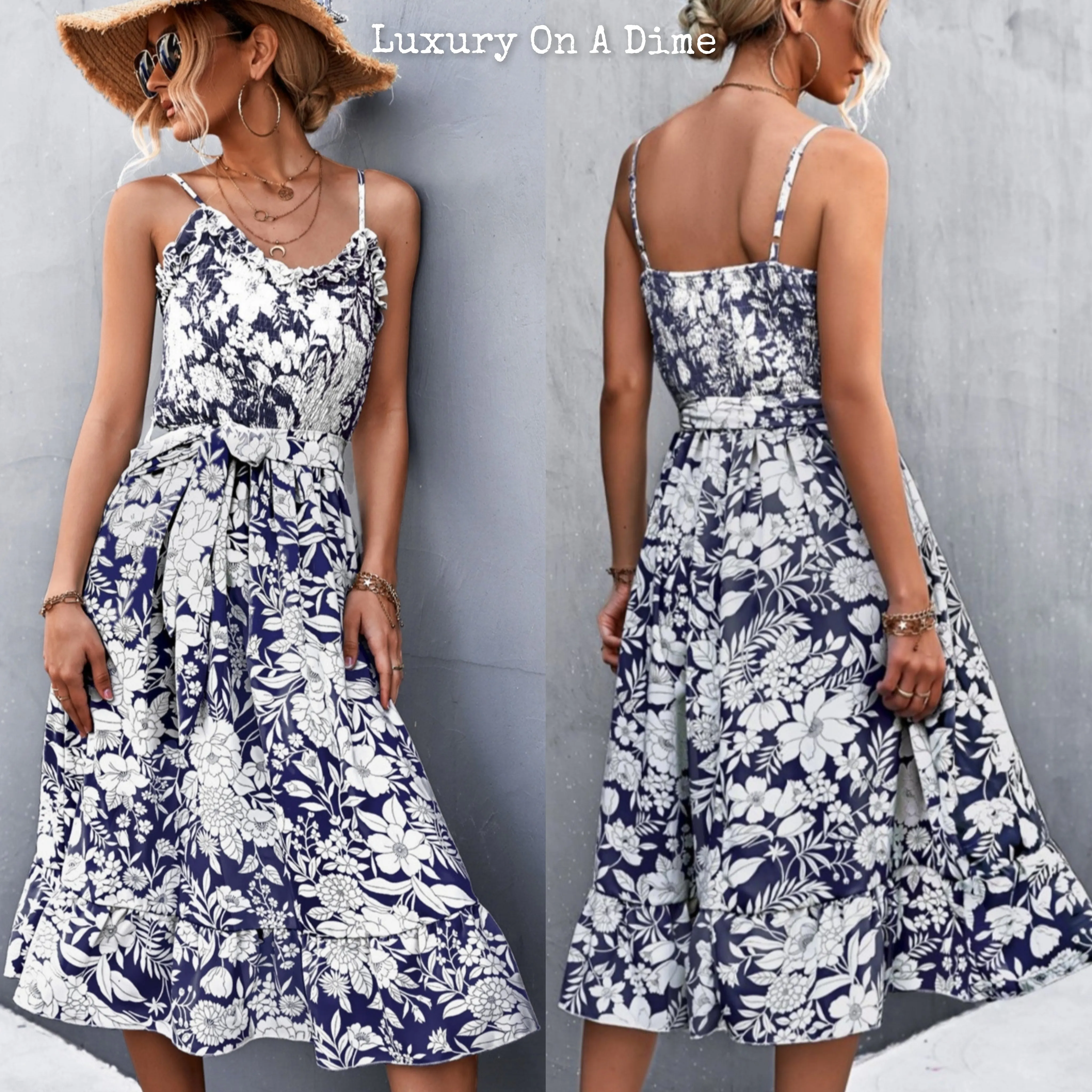 Chic Floral Ruffle Tie Belt Midi Summer Dress