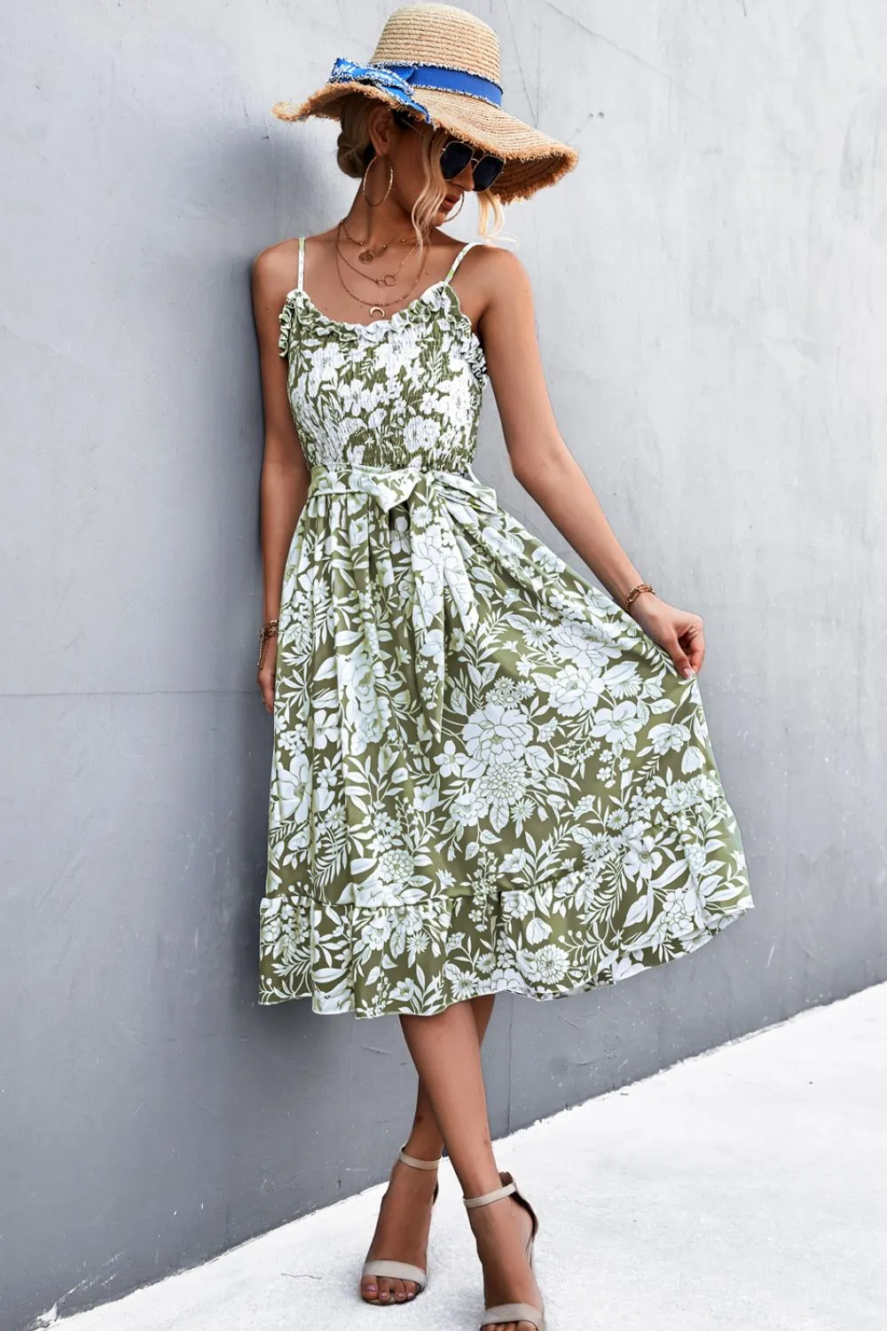 Chic Floral Ruffle Tie Belt Midi Summer Dress