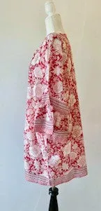 Crisp Floral Block Print Cotton Dress With Flared Cuffs  (Red)