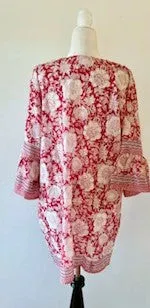 Crisp Floral Block Print Cotton Dress With Flared Cuffs  (Red)