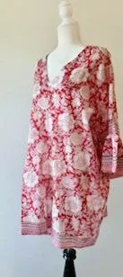 Crisp Floral Block Print Cotton Dress With Flared Cuffs  (Red)