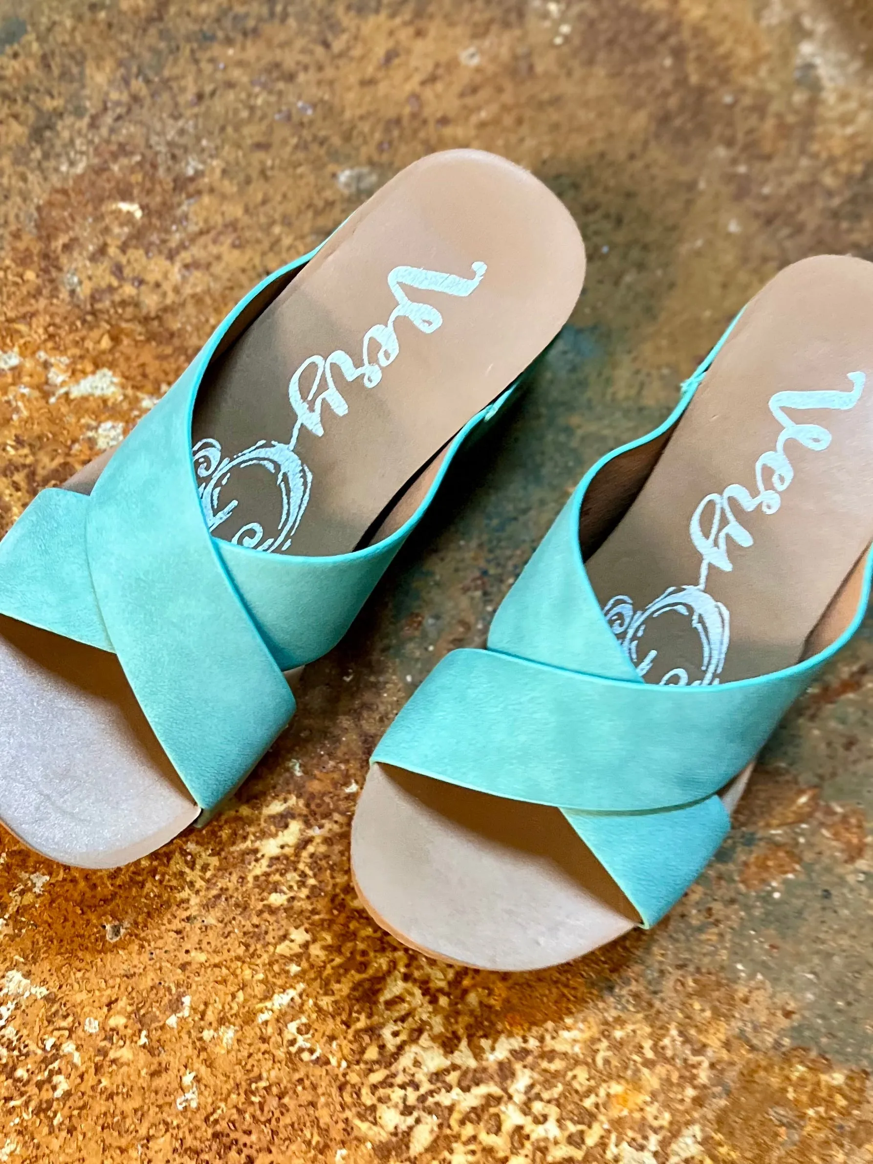 Crossed Paths Turquoise Sandals*