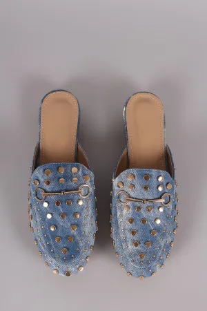 Denim Print Studded Horsebit Accent Slip On Loafer Mules