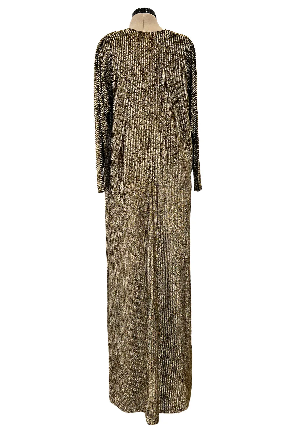 Fabulous 1970s Halston Metallic Gold & Black Lame Lurex Full Length Caftan Dress w Notched Neckline