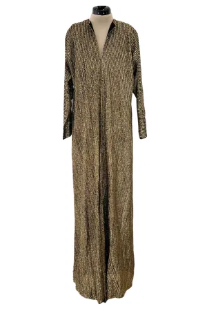 Fabulous 1970s Halston Metallic Gold & Black Lame Lurex Full Length Caftan Dress w Notched Neckline