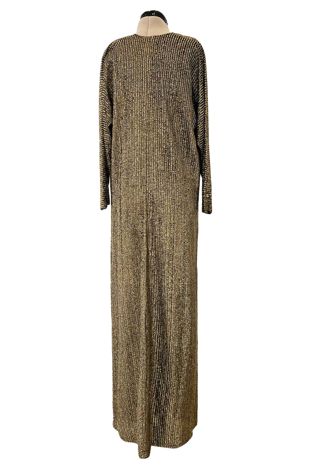 Fabulous 1970s Halston Metallic Gold & Black Lame Lurex Full Length Caftan Dress w Notched Neckline