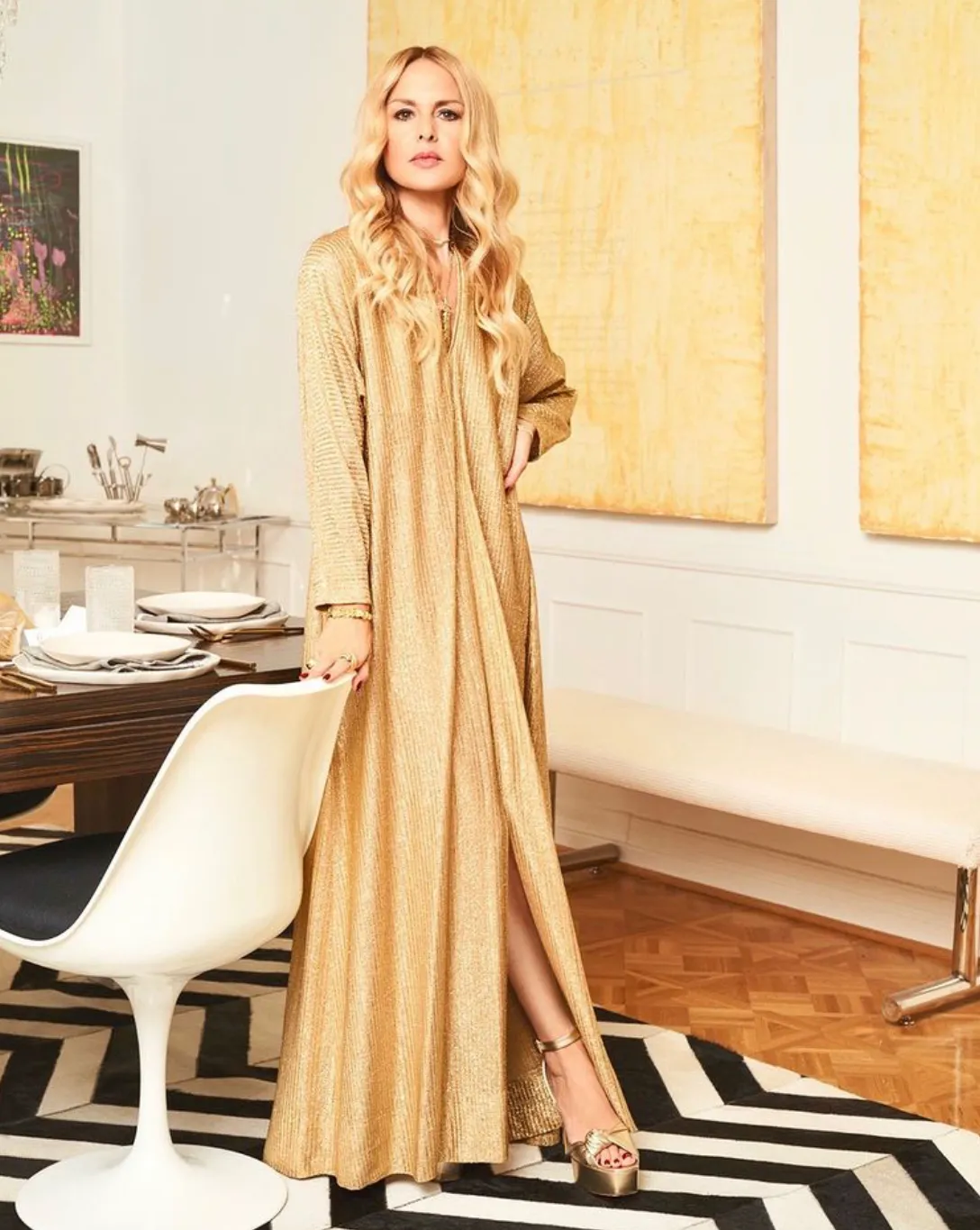 Fabulous 1970s Halston Metallic Gold & Black Lame Lurex Full Length Caftan Dress w Notched Neckline