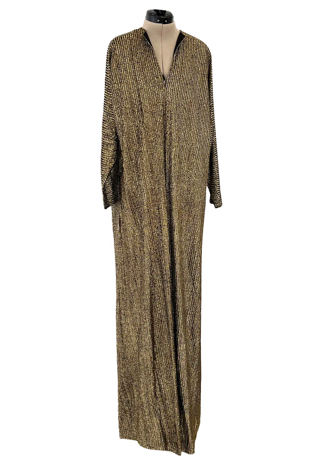 Fabulous 1970s Halston Metallic Gold & Black Lame Lurex Full Length Caftan Dress w Notched Neckline