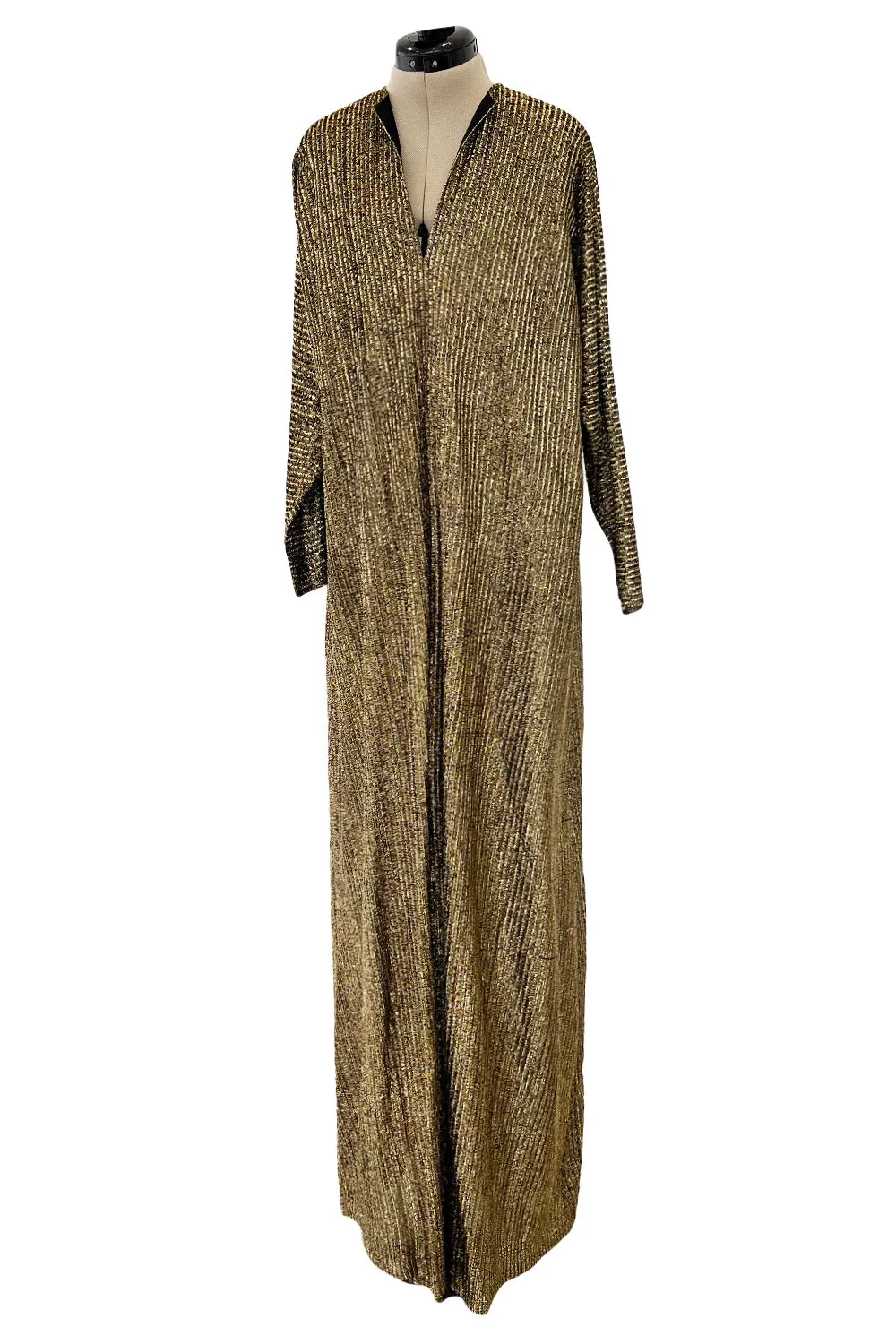 Fabulous 1970s Halston Metallic Gold & Black Lame Lurex Full Length Caftan Dress w Notched Neckline