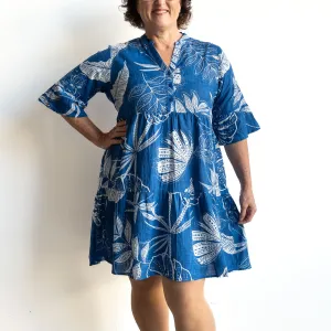 Mandarin Empire Dress - Leaf Etch Blue