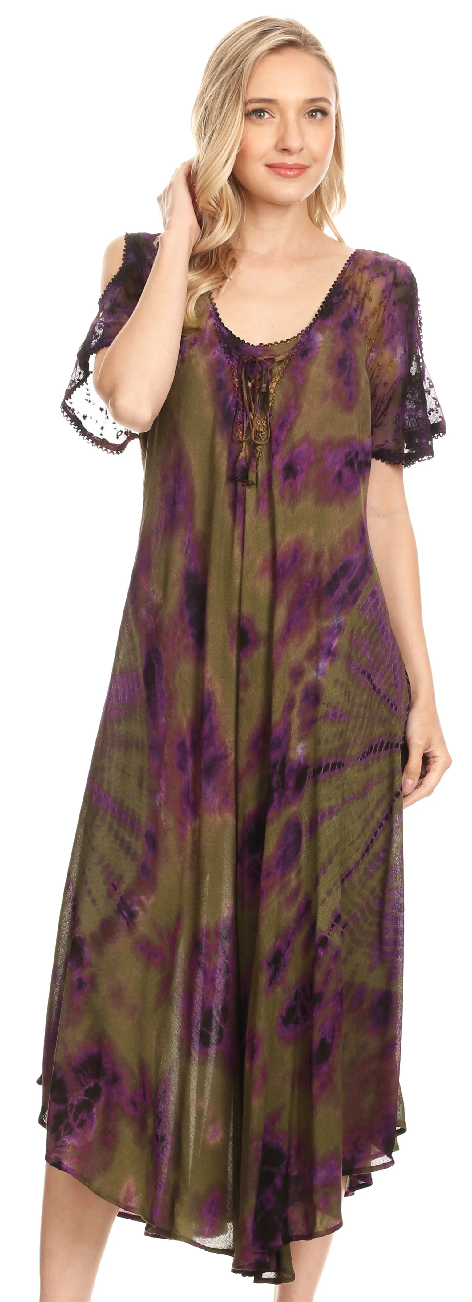 Sakkas Ada Women Cold Shoulder Caftan Relax Long Maxi Dress on Tie-dye with Corset